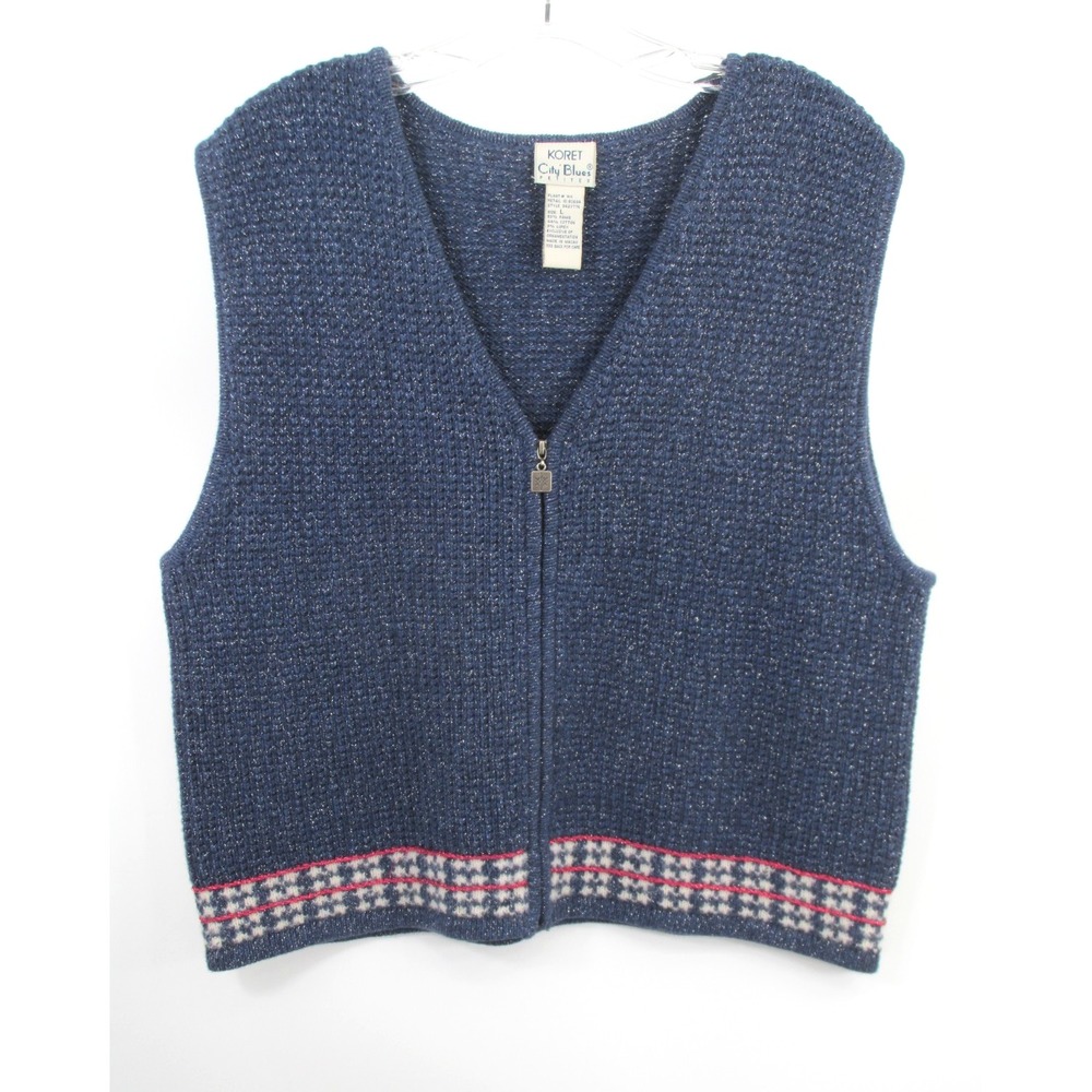 VTG KORET CITY BLUES PETITES Holiday Sweater Vest Women L Blue Knit Full Zip